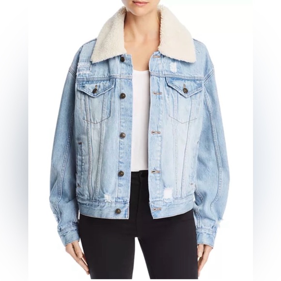 Free People Sherpa Fleece Collar Denim Jacket Plaid Lining - Picture 4 of 9